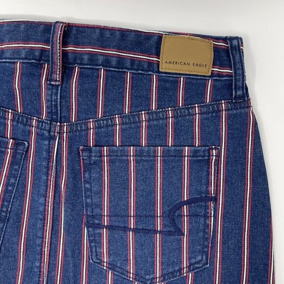American Eagle Denim Jean Mini Skirt Womens Size 4 Red Blue Stripe High Rise - Picture 5 of 9